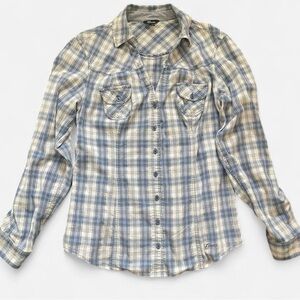 GUESS 2010s Plaid V Neck Button Up Cowgirl Western Long Sleeve w/ Pocket Squares